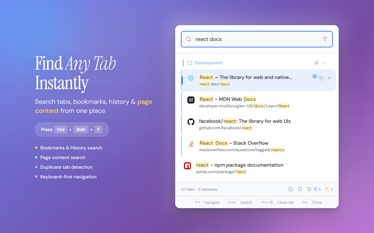 OmniSearch - unified tab search interface showing search results across tabs, bookmarks and history