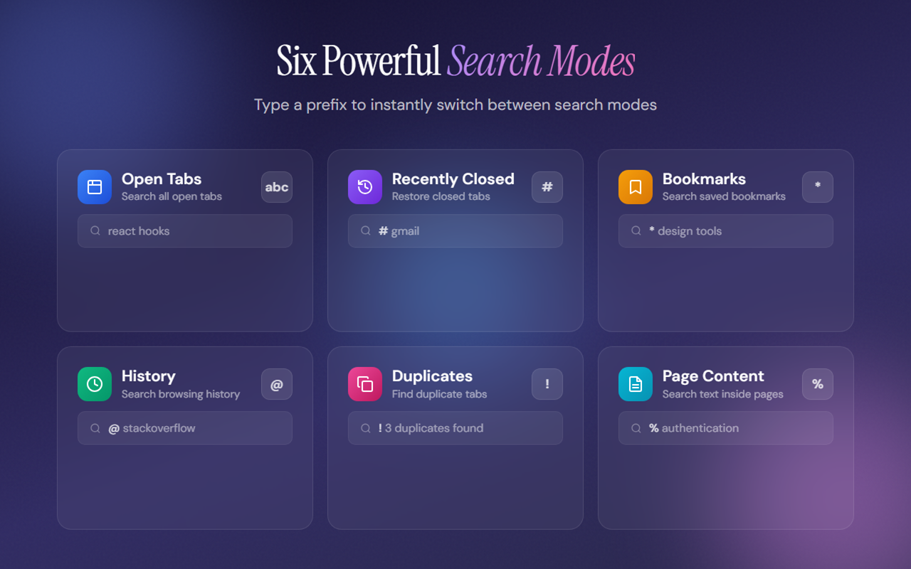 Six powerful search modes in OmniSearch - Open Tabs, Recently Closed, Bookmarks, History, Duplicates, and Page Content