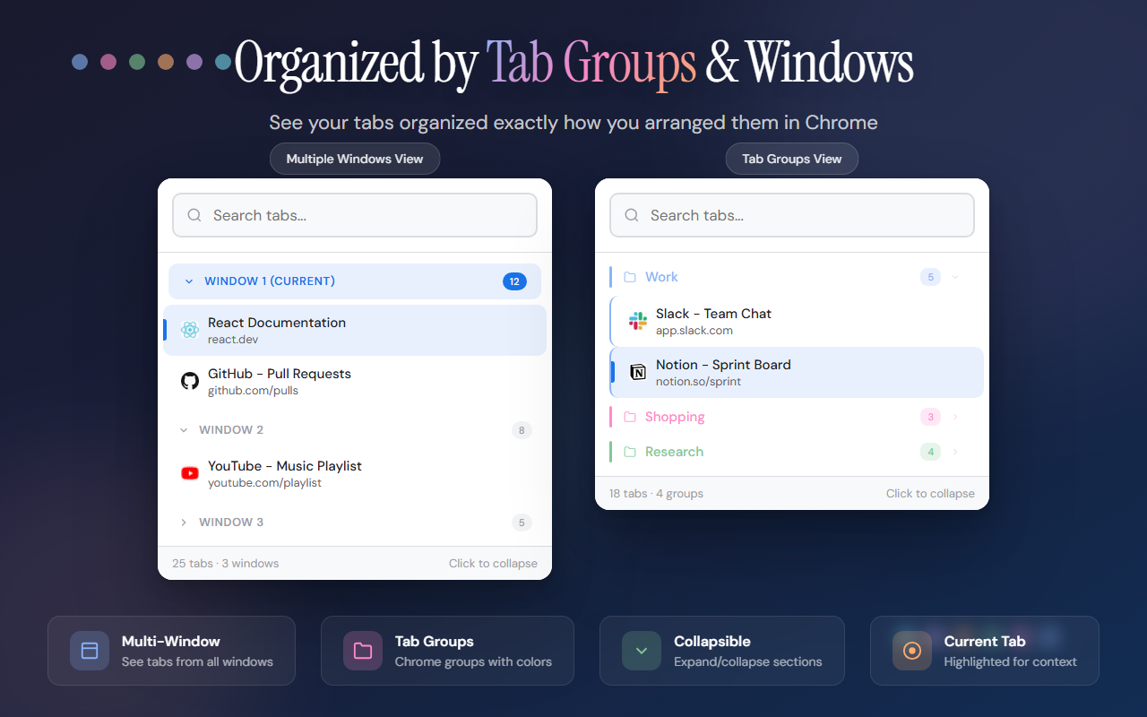 Tab groups and multi-window view in OmniSearch