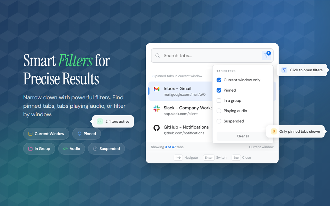 Smart filters in OmniSearch for precise tab filtering